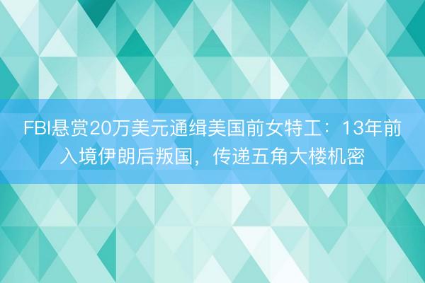 FBI悬赏20万美元通缉美国前女特工：13年前入境伊朗后叛国，传递五角大楼机密